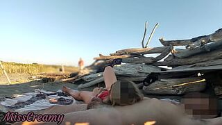 Pussy flash - Stranger caught my stepdad touching my pussy on a public beach and jerked off his dick - MissCreamy